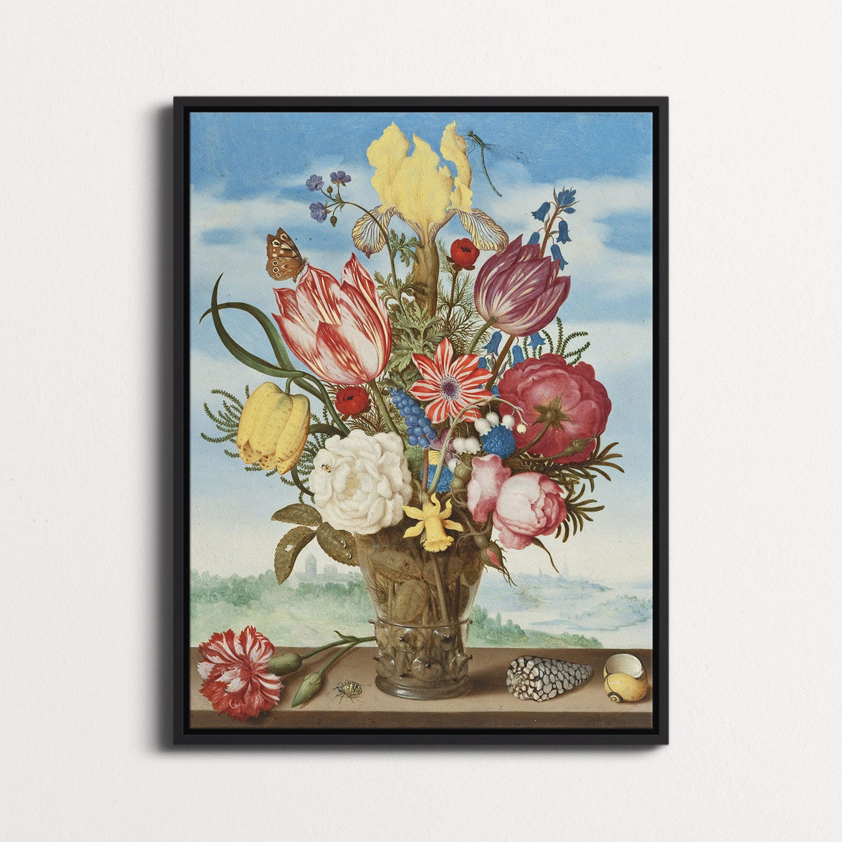 Bouquet of Flowers on a Ledge by Ambrosius Bosschaert - Framed