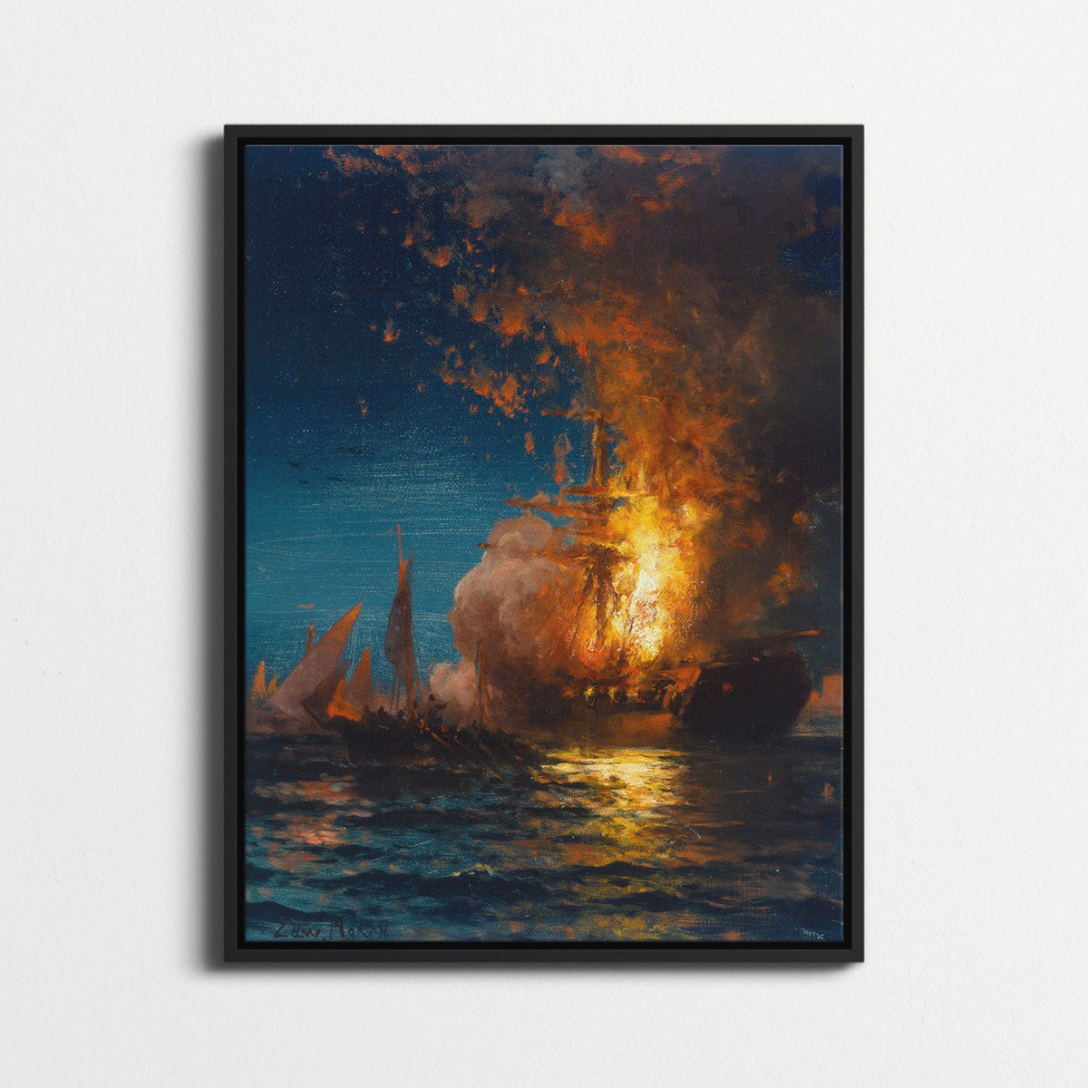 Burning of the Philadelphia by Edward Moran - Framed Canvas