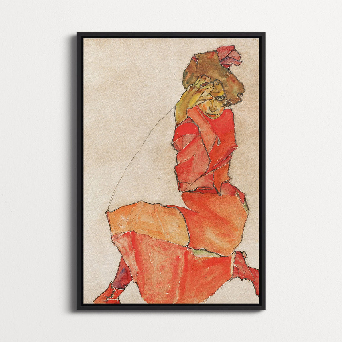 Kneeling Female in Orange-Red Dress by Egon Schiele - Framed Canvas