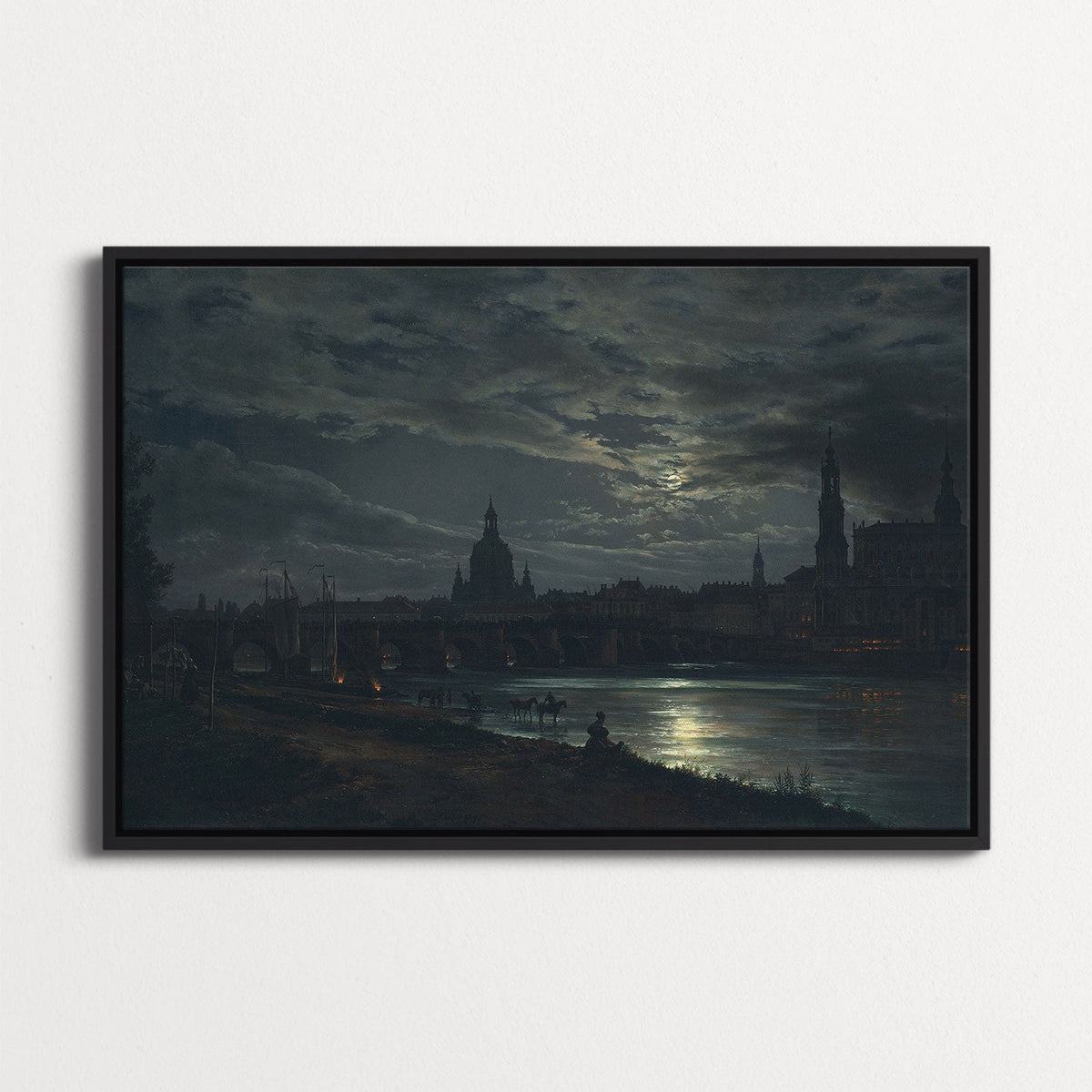 View of Dresden by Moonlight by Johan Dahl - Framed Canvas