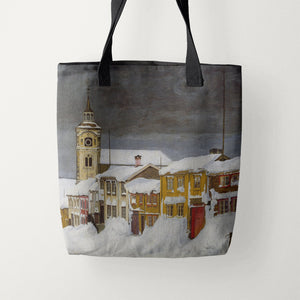 Tote Bags Harald Sohlberg Street in Røros in Winter