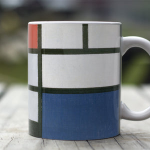 Ceramic Mugs Piet Mondrian Composition with Large Red Plane, Yellow, Black, Gray, and Blue