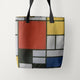 Tote Bags Piet Mondrian Composition with Large Red Plane, Yellow, Black, Gray, and Blue
