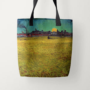 Tote Bags Vincent van Gogh Wheat Field at Sunset